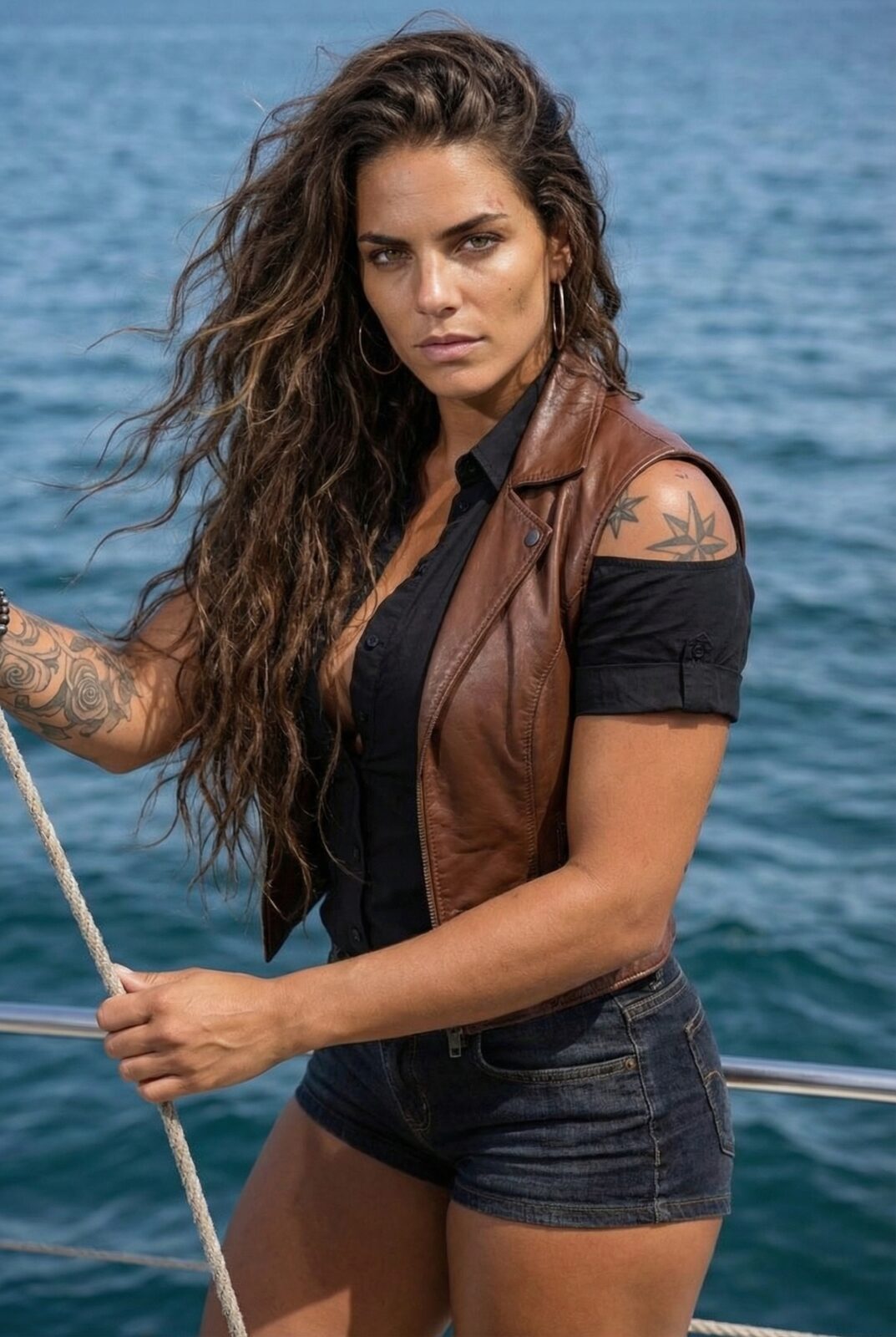 An anchor on one forearm, a nautical star on the other, nothing decorative anywhere. This shape came from hauling line and holding a wheel — not from a gym she has never once set foot in.