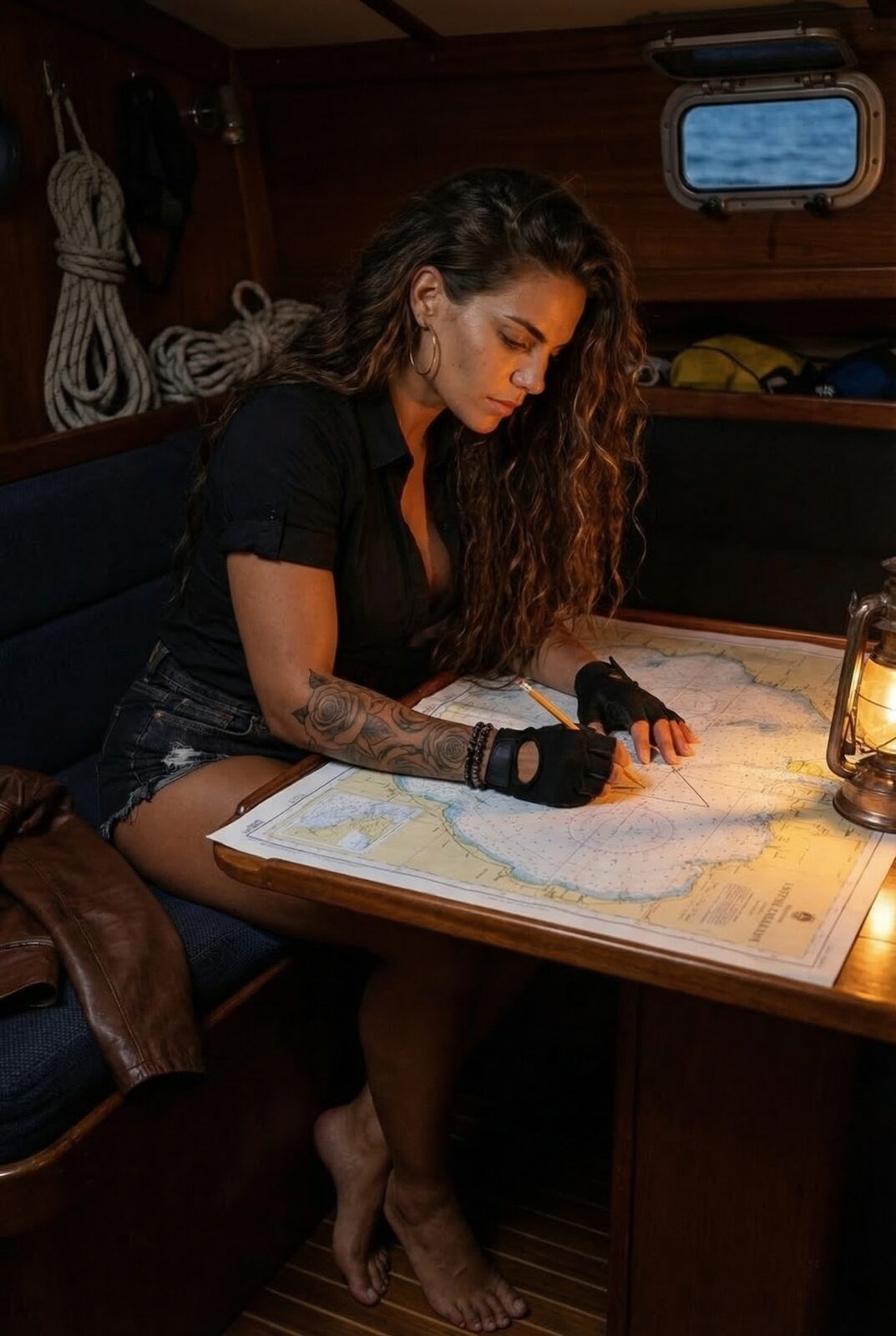 Below deck she keeps paper charts from the 1700s and 1800s that she never navigates by — she just looks at them. The way the old cartographers drew the unknown is, to her, the most honest thing people have ever made.