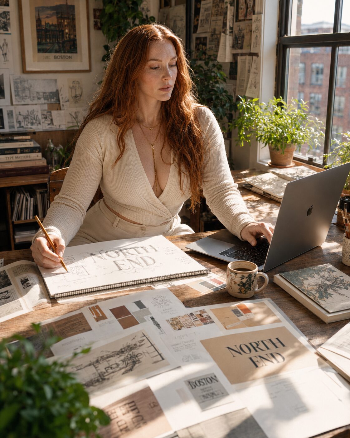 Design paid badly and fed her; the content pays absurdly and doesn’t. She still lays out a North End identity by hand at the window desk, because that hour is the one that feels earned.