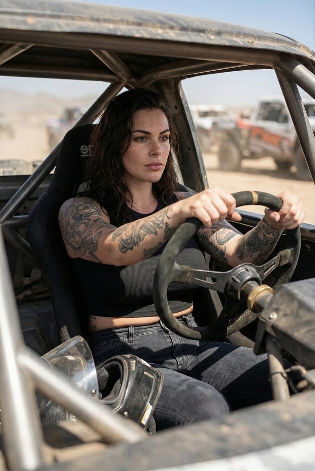 Two modes and nothing in between: completely relaxed, or completely lit with a focus that unsettles people who don’t know her. The steering wheel is the only thing that flips it.