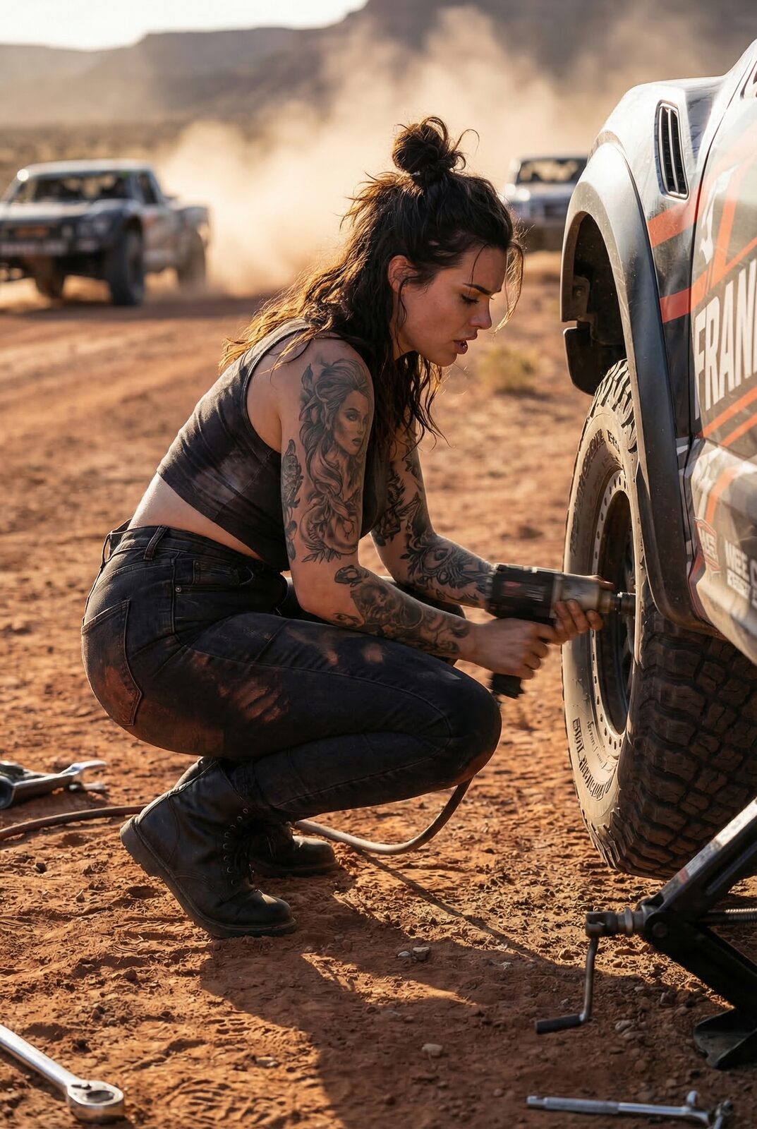 Impact gun, a tyre taller than she is, a clock that never stops. Some of the scene admires her, some are frankly afraid of her — and every one of them steps aside when she rolls in.