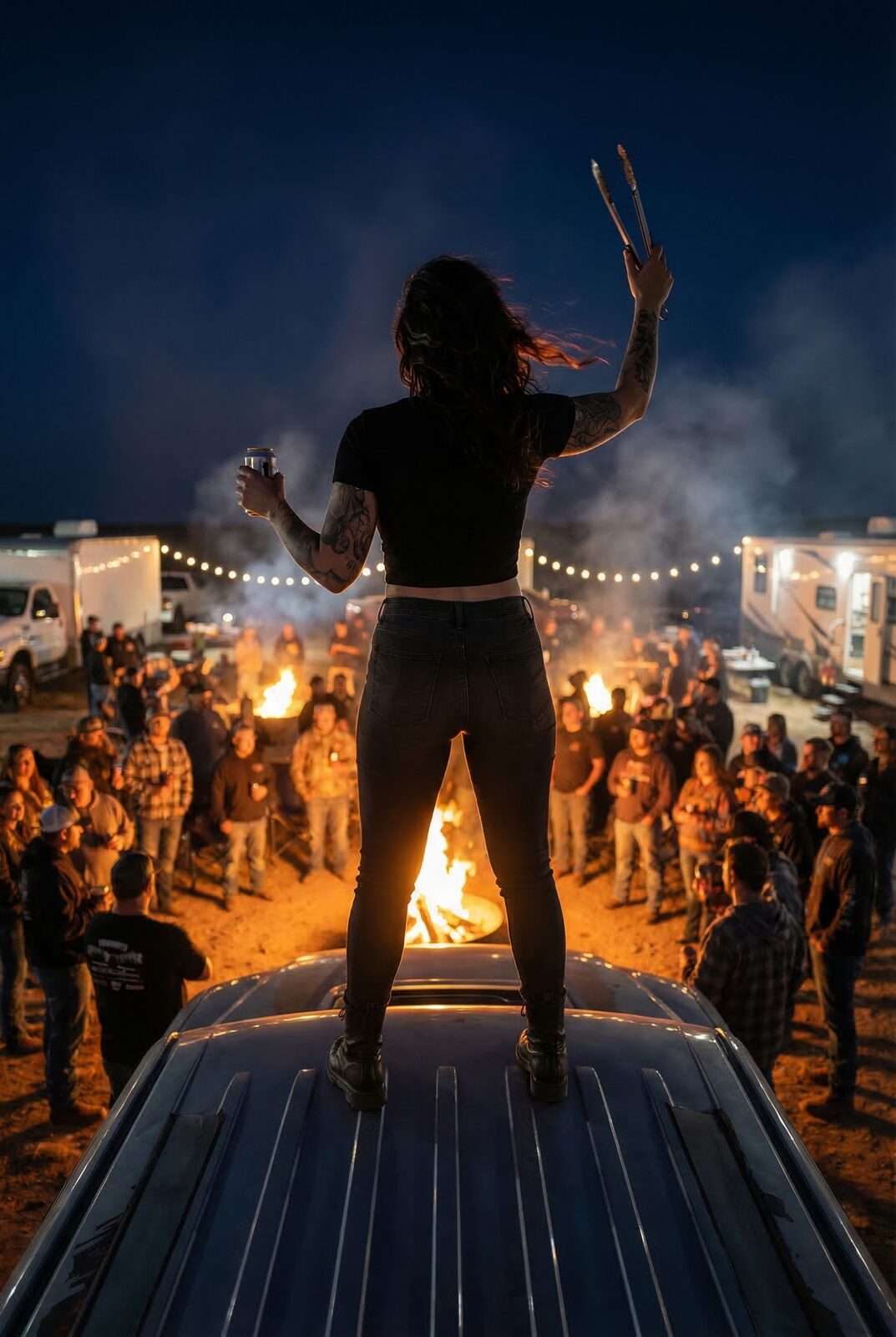 Up on the roof over a bonfire and a hundred people who came for her. She’s the social gravity of the entire scene — not calculated, not lonely, just a magnetism she was apparently born with.