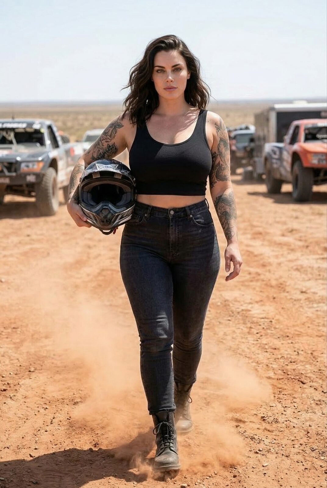 Helmet under one arm, crew at her back, dust on everything. The one the whole paddock has been waiting on — and the one you least want to find in your mirrors.