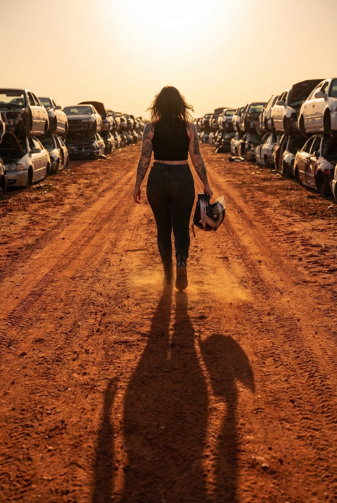 Walking back into the sun with the whole yard at her shoulders. Two semi-pro teams have tried to sign her away. Leaving would mean leaving her mother alone in it — so the answer, dressed up however it needs to be, is always no.