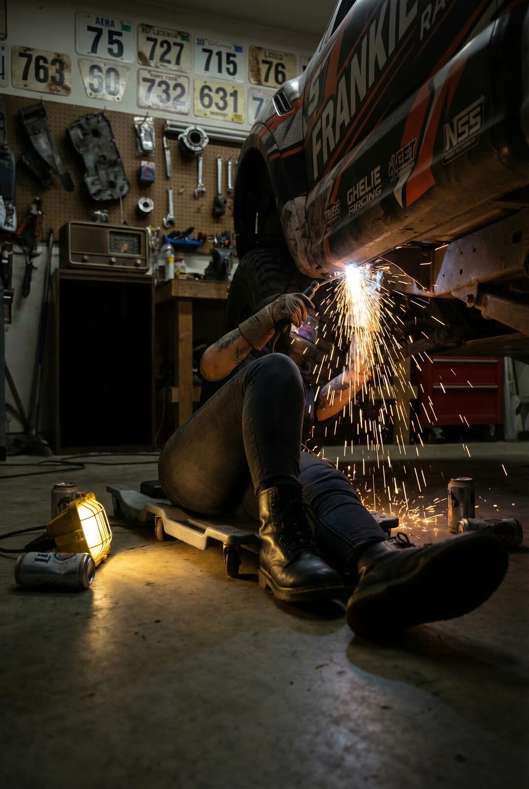 Sparks in the shop, parts quietly set aside in a corner. Somewhere in her head is a desert racer built entirely from this yard, good enough to win a real Baja 1000 — unbuilt on purpose, because the day she builds it she has to race it, and then she can lose.