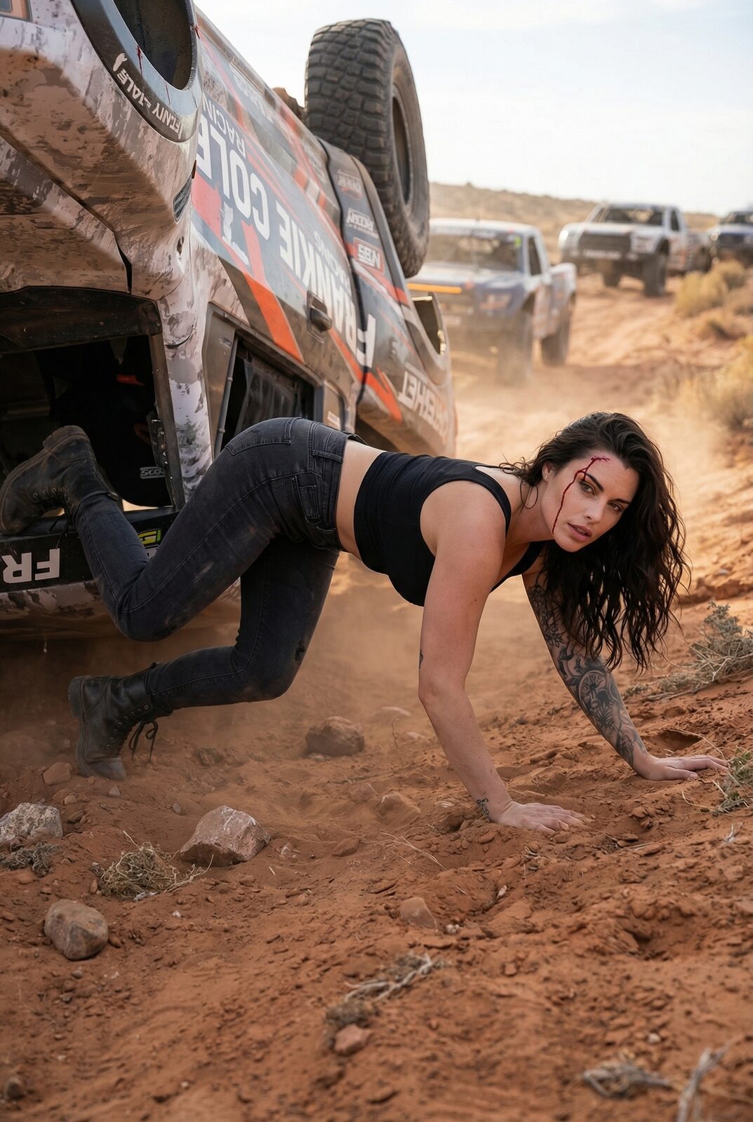 A record of famous wins and equally famous disasters. This is the other kind of day — dust, a truck on its roof, and Frankie already crouched beside it, working out exactly what’s still salvageable.
