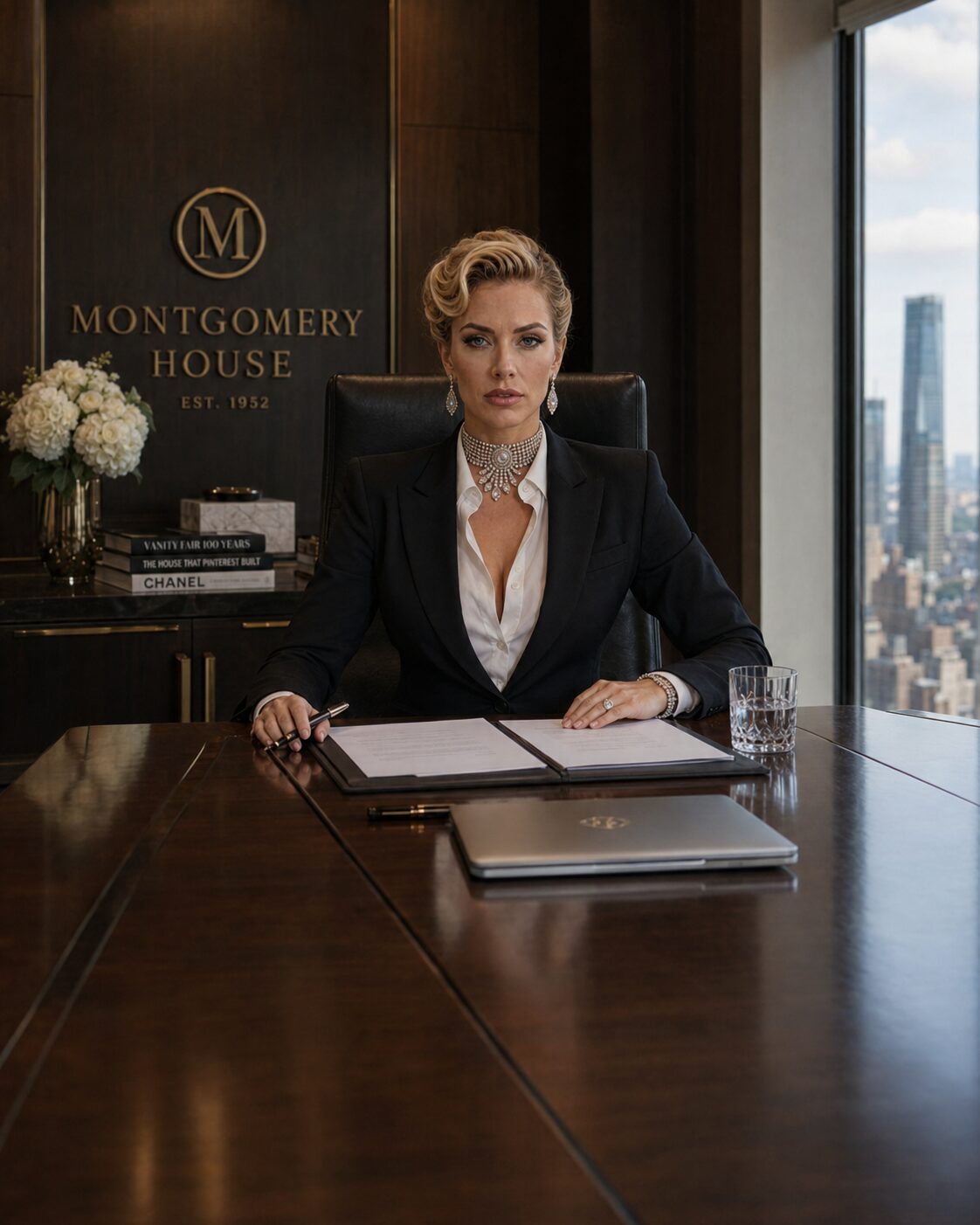Chief executive and creative director of Montgomery House — the luxury empire her grandfather founded in 1952, her father expanded, and she perfected. The old-guard board expected a princess dilettante when she took the chair at thirty-five; in her first meeting as CEO she fired three of them. Thirteen years on, she has tripled the revenue. “Sentiment is expensive,” she says. “I prefer results.”