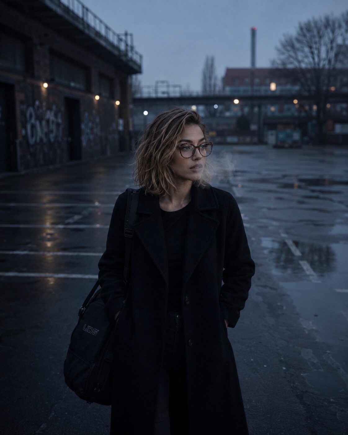 Glasses back on, records in the bag, breath in the cold. The set is over — LEISE folds away and Lena walks home.