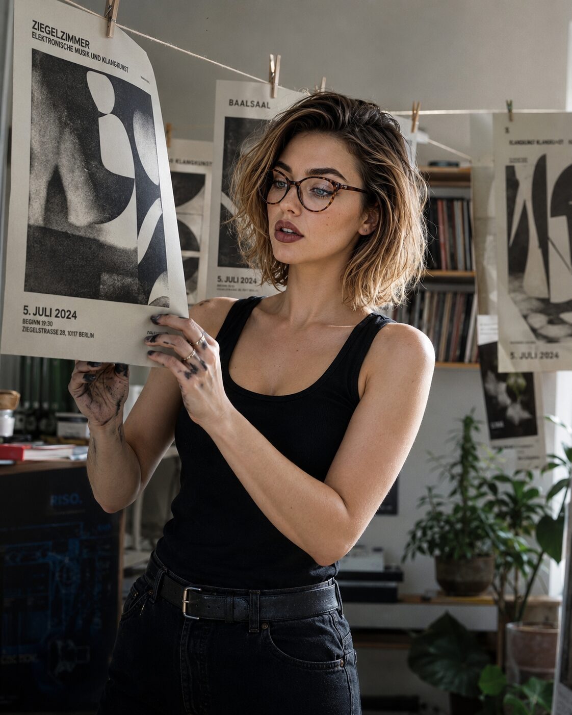 Ink on her fingers, her own event posters drying on the line. She can't let anyone else design them; creative control isn't negotiable.
