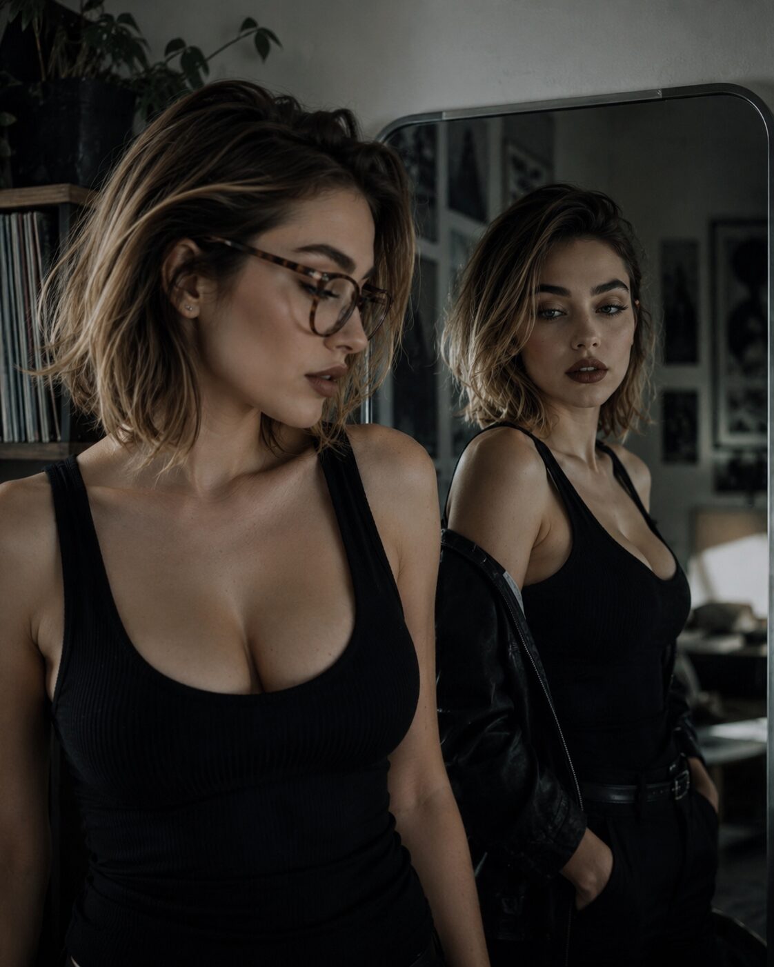 Same person, two halves of one whole. The one in the glasses designs the silence. The one in the mirror fills it.