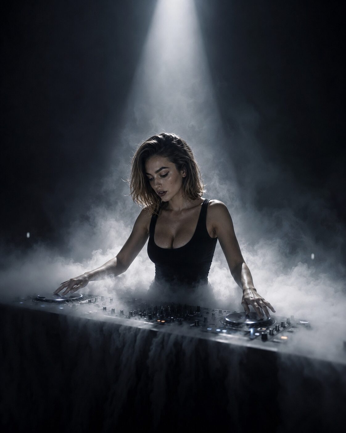 Fog, a single column of light, both hands on the deck. She doesn't mix genres — she mixes moods.