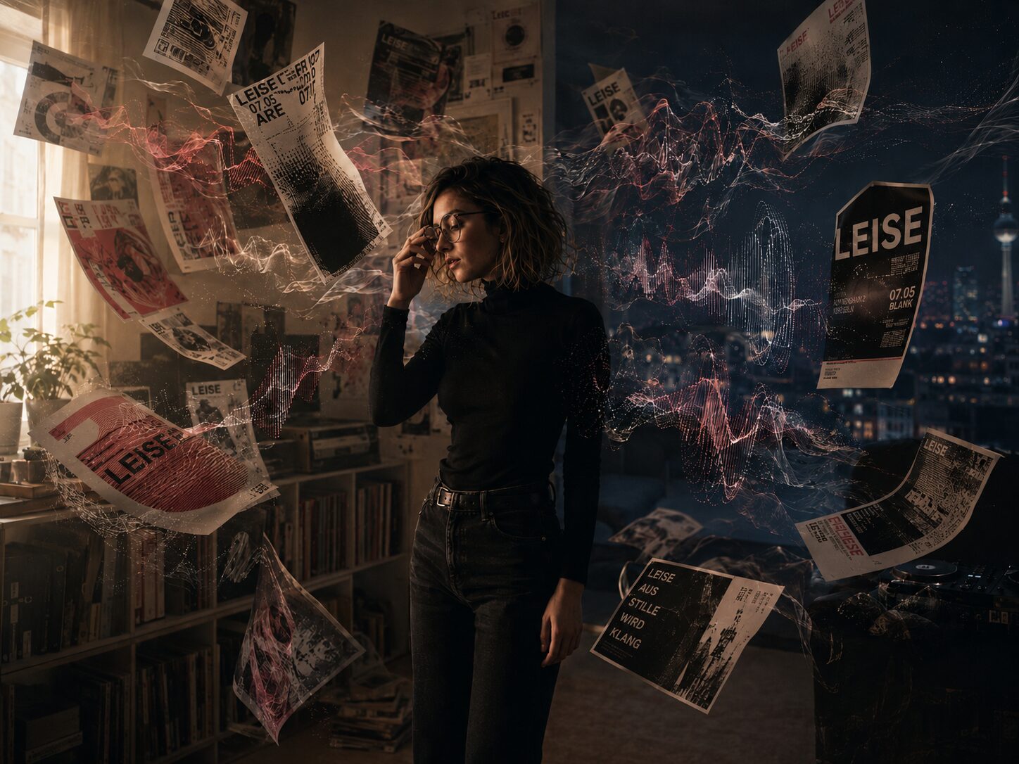 By day she designs silence; by night she fills it. The posters turn into sound and the sound into an image — one album where the two are finally the same piece.