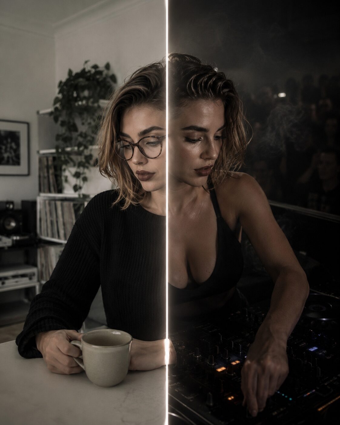 Coffee and glasses on one side, the mixer and the crowd on the other. She is still deciding whether the world is ready for them to be the same person, out loud.
