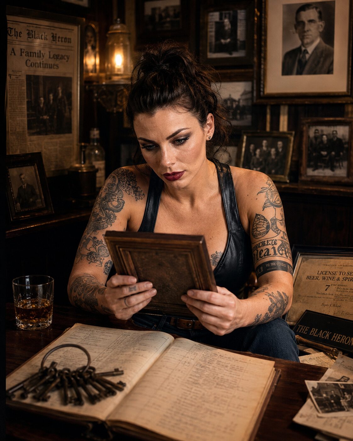 An old framed photograph, the original ledger, a ring of keys older than she is. She keeps the pub’s history because she’s the one who kept the pub — inherited the debts, the leaks and the original wood, and stayed with all of it. Her father held it together out of not knowing what else to do. She holds it together out of pure stubbornness.