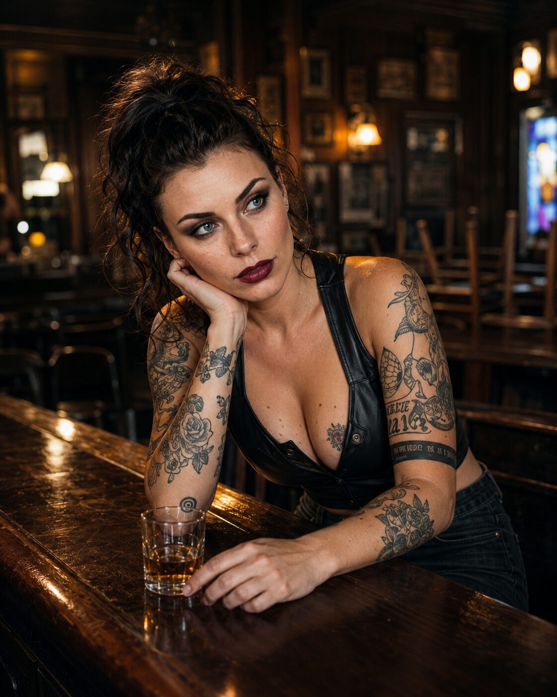 Chin on her hand, a whiskey untouched, listening — the posture perfected over thirty-five years. Something about a bar makes people talk: the right silence, the question that opens a door. Musicians, journalists, politicians of every colour, the odd criminal with manners — all of Dublin that matters has passed this counter. She remembers everything. She uses none of it.