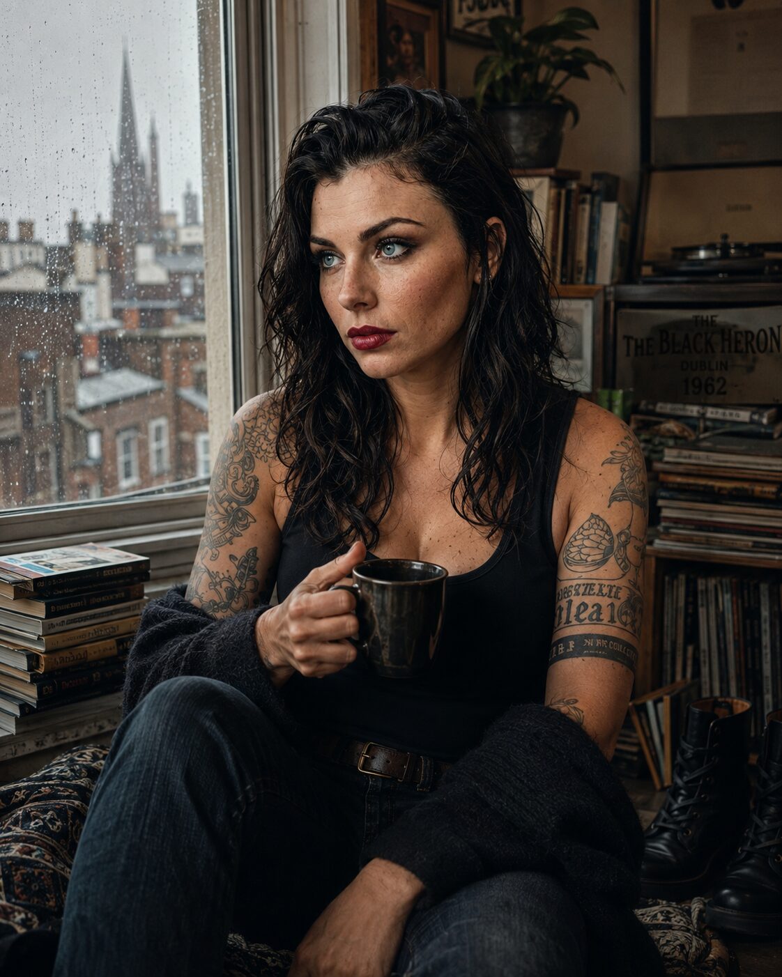 A mug, a window, a stack of books, the city going about its morning without her yet. She’s first in and last out, every day, no exceptions — the most important unwritten rule of the Black Heron. This is the hour before the doors, when the pub is only hers and the noise hasn’t started. She reads slowly, underlines, goes back. Then she opens up.