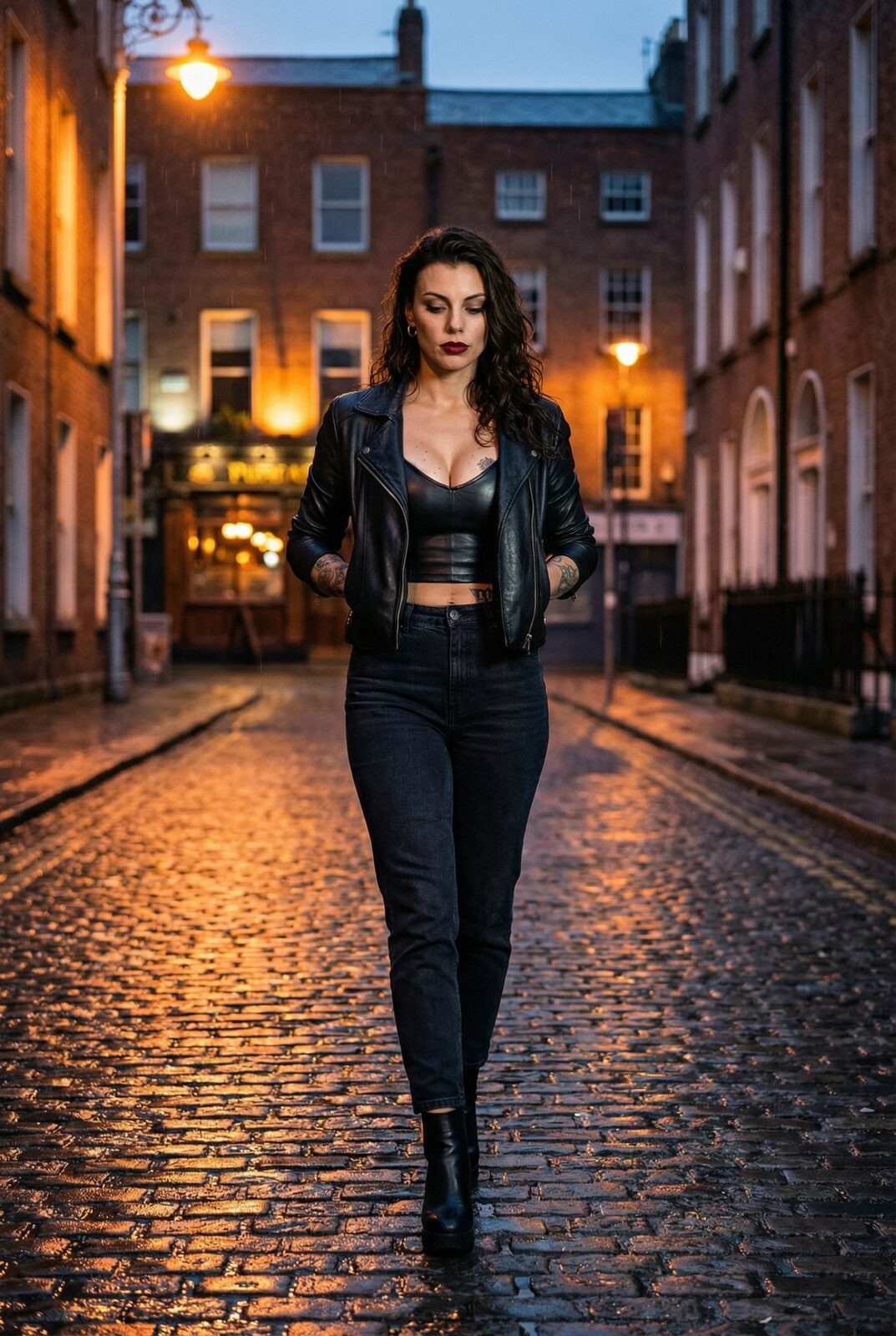 Dublin after midnight, the Georgian doors, the streetlamps doing the work. She studied Business at UCD because her mother wanted her to have “something real,” and spent three years proving it before the pub called her home for good. She didn’t inherit a life she couldn’t leave — she chose the one she has. That distinction is the whole of her.