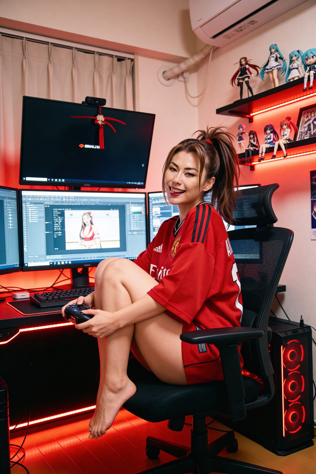 A small, nice apartment in Shibuya and a battlestation that earns its keep — 1.2 million followers, sponsorships from gaming and beauty brands, official ambassador for the King of Fighters mobile game. She moved from Osaka at twenty-three because Tokyo is where the industry lives. The figures on the shelf aren’t décor. They’re a résumé.