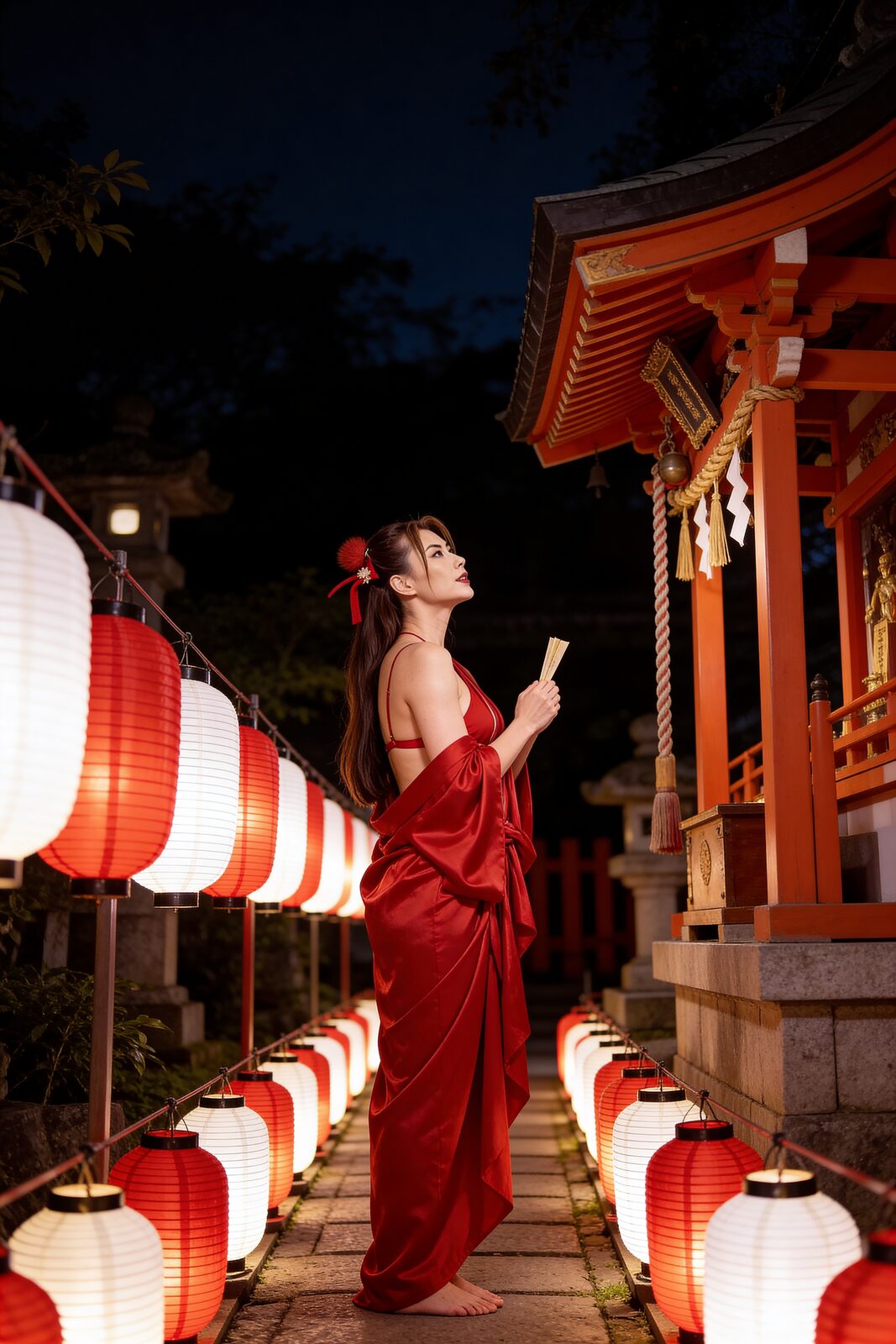 A shrine at night, paper lanterns, silk the colour she’s made her own. She collects traditional kanzashi — a different ornament for each character, each mood — visual branding and cultural pride in the same pin. Osaka raised her on arcades and street food, but this Japan is hers too. She refuses to choose between them.