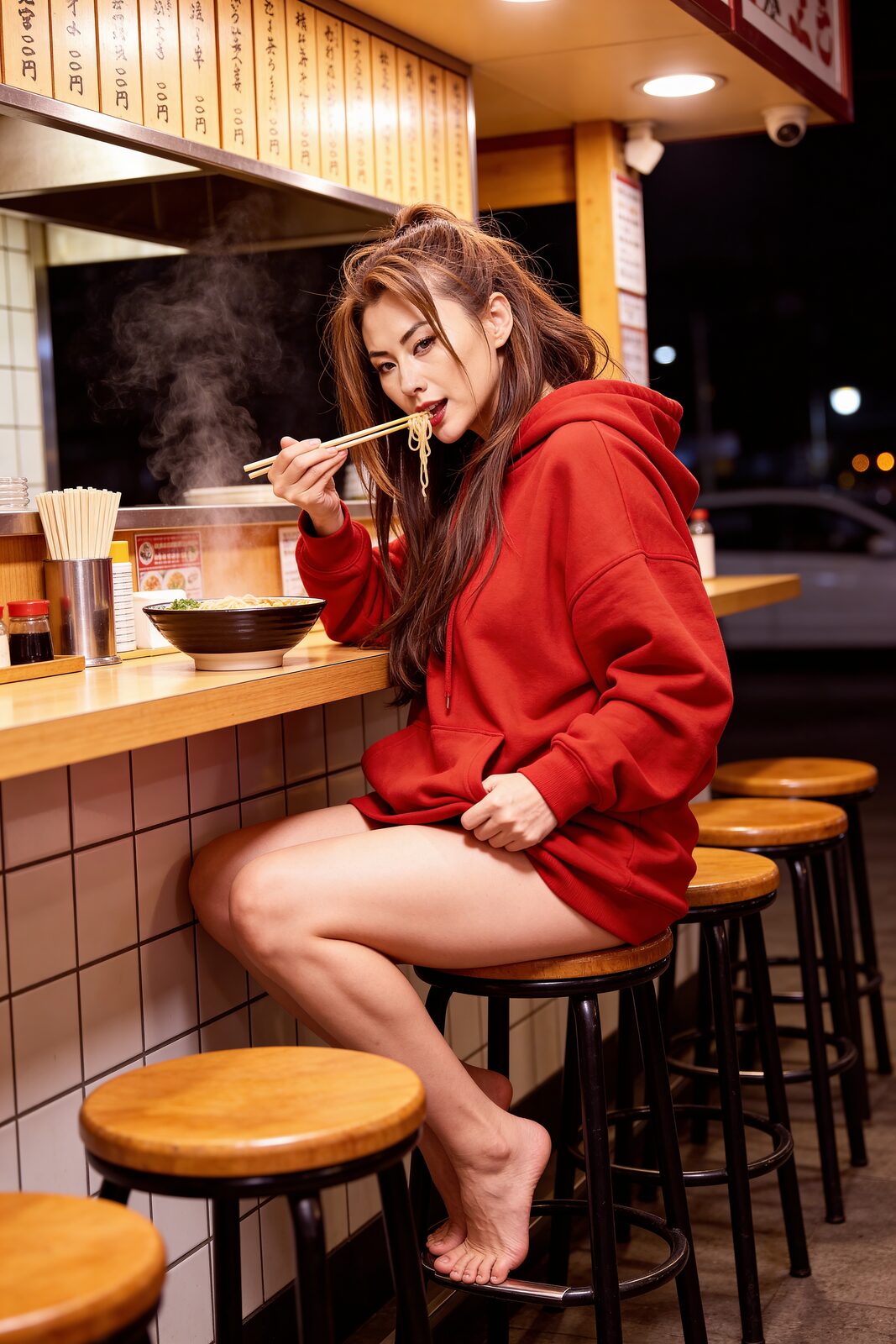 Red hoodie, bar stool, ramen going the way ramen should. She comes from the city that treats eating as a civic duty, and no amount of Tokyo polish has trained it out of her. The physique is videogame-proportions and costs five gym days a week — but the noodles are non-negotiable. Balance, Osaka-style.
