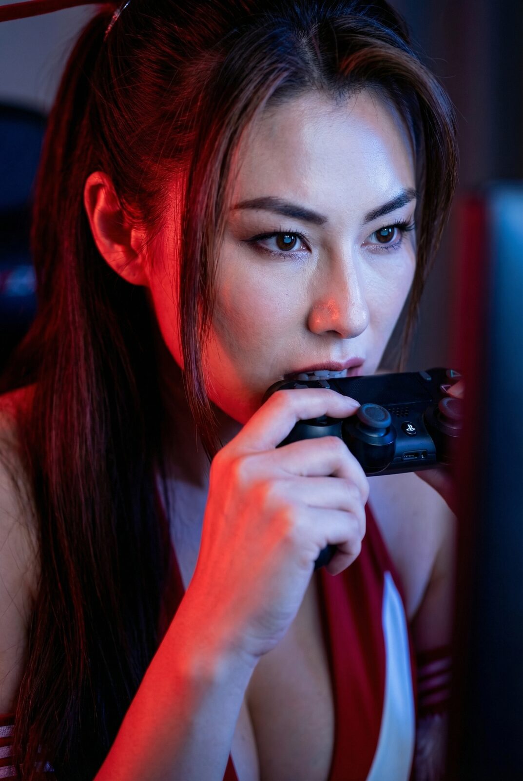 Red light, dead quiet, a controller held like a thought. She streams three times a week and competes for real — not pro level, she’ll tell you honestly, but well above average, fluent in frame data, tier lists and patch notes. The looks open doors. The talent is what keeps them open. Gaming, for her, is the closest thing she has to meditation.