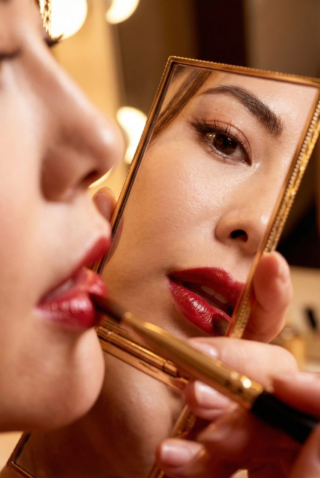 Red lipstick by hand mirror — the last step before Mai Tanaka hands the frame to Mai Shiranui. The transformation is deliberate, practised, hers. Red runs through everything she owns: the bedroom, the wardrobe, the accessories. It’s the character’s signature, yes — but red is also luck, and she is not above stacking the odds.
