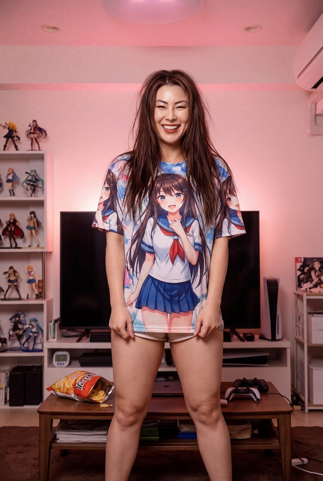 Oversized anime tee, bare feet, the grin that isn’t posed. In a world where everything is performed, the genuine article is her rarest asset — when Mai is actually happy, the whole face lights up and there’s no mistaking it. Unashamed weeb, fluent in entire quoted scenes, exactly as advertised.
