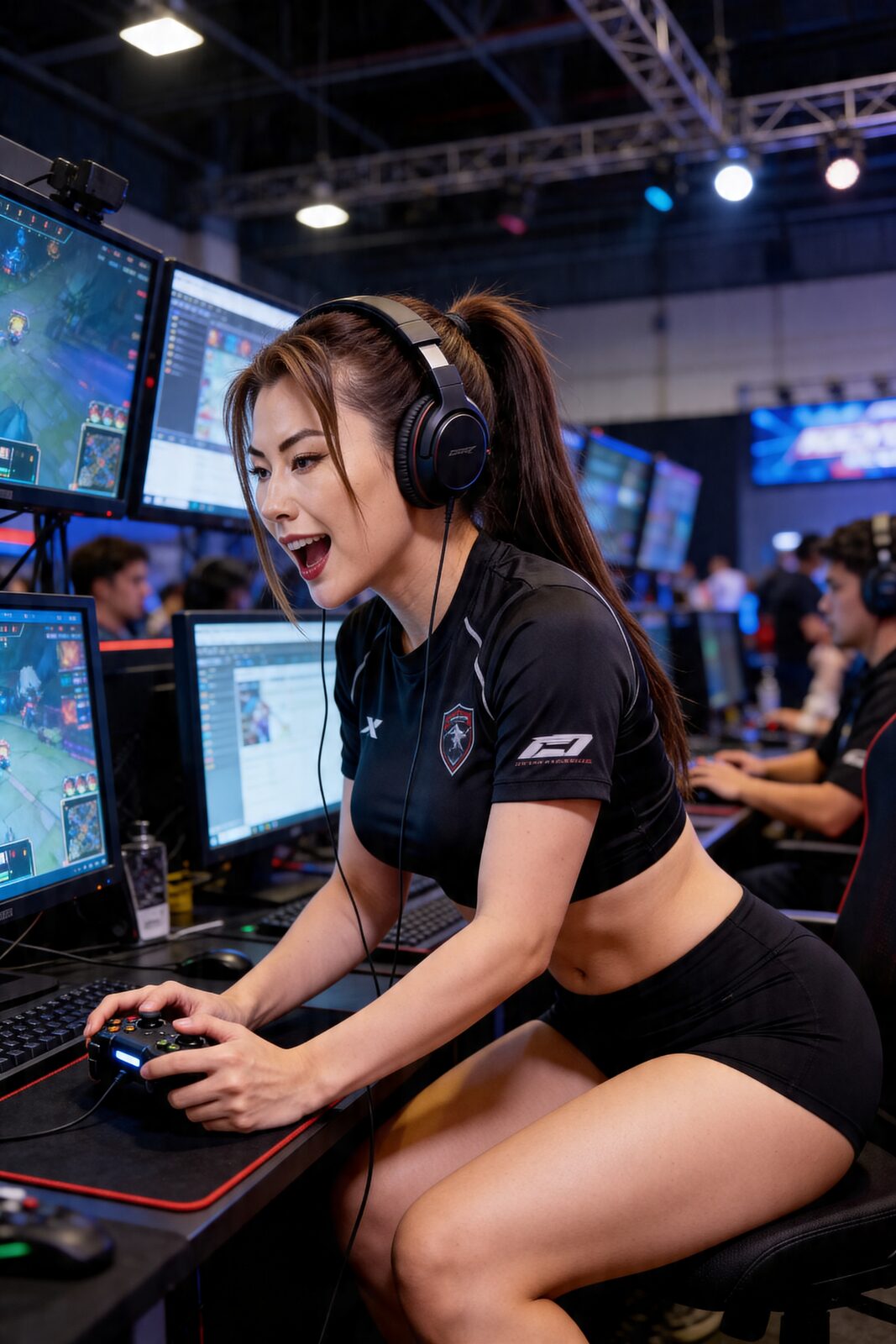 Headset sealed, bracket underway, nothing kawaii about the concentration. She enters to compete, not to decorate the venue — and being underestimated at a fighting game is a mistake opponents tend to make exactly once. She is tired of the stereotype that Asian women in gaming are ornament: sexy and strong and smart and skilled are, she insists, one job description.