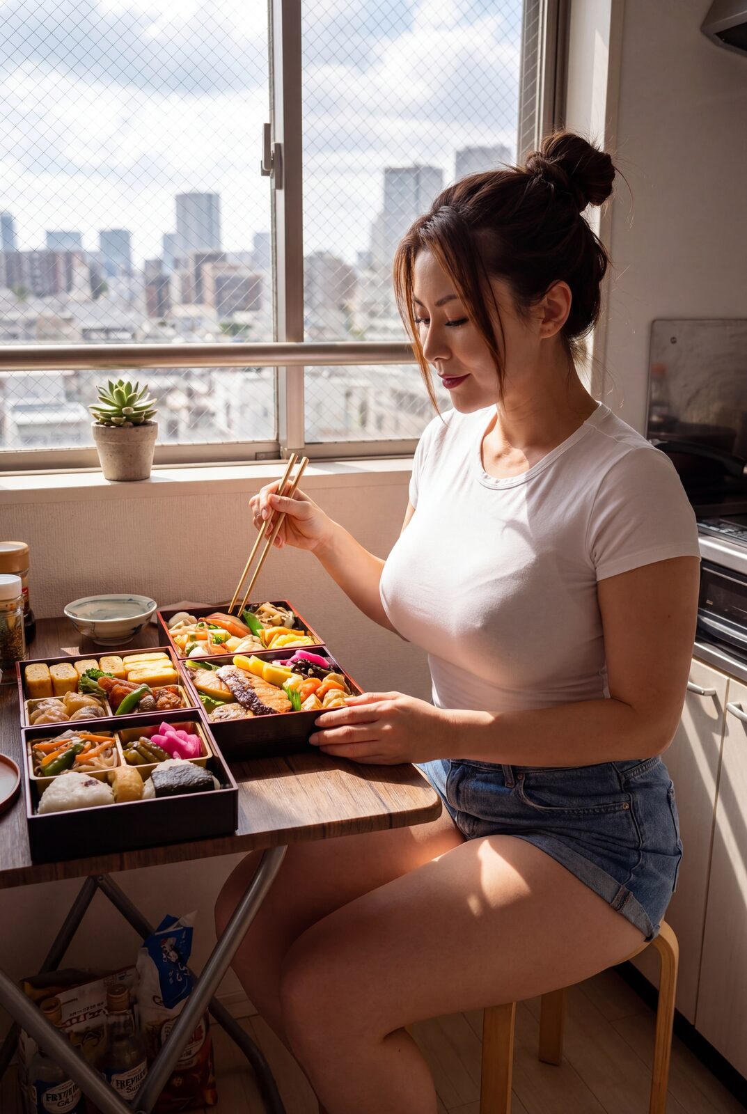 An elaborate homemade bento by the window, Tokyo grinding away outside. Cooking the food she grew up on is how she finds her way back to Osaka when the life gets too international — comfort, precision and heritage in one lacquered box. The snack shelf of Pocky and mochi is a different story, and she regrets nothing.