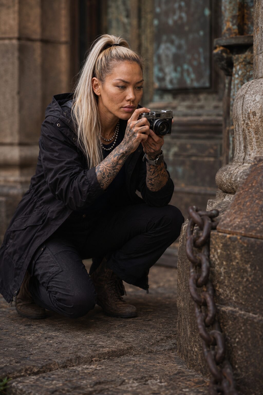 An Olympus inherited from her Filipino father, still loaded with real film. She never shoots the buildings — only hands, wear, oxidised surfaces. The textures everyone else walks straight past.