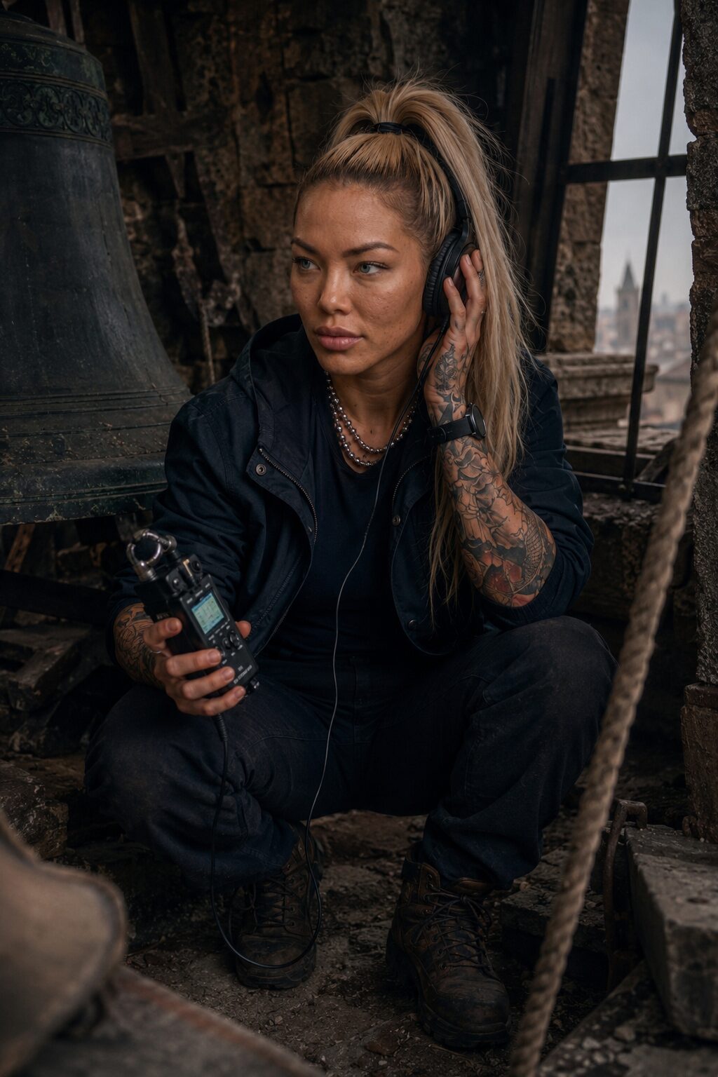 A field recorder runs in every tower she works. Seven years have filled it with more than three hundred and forty hours of bronze, wind and cold stone — and she has never played a second of it for anyone.