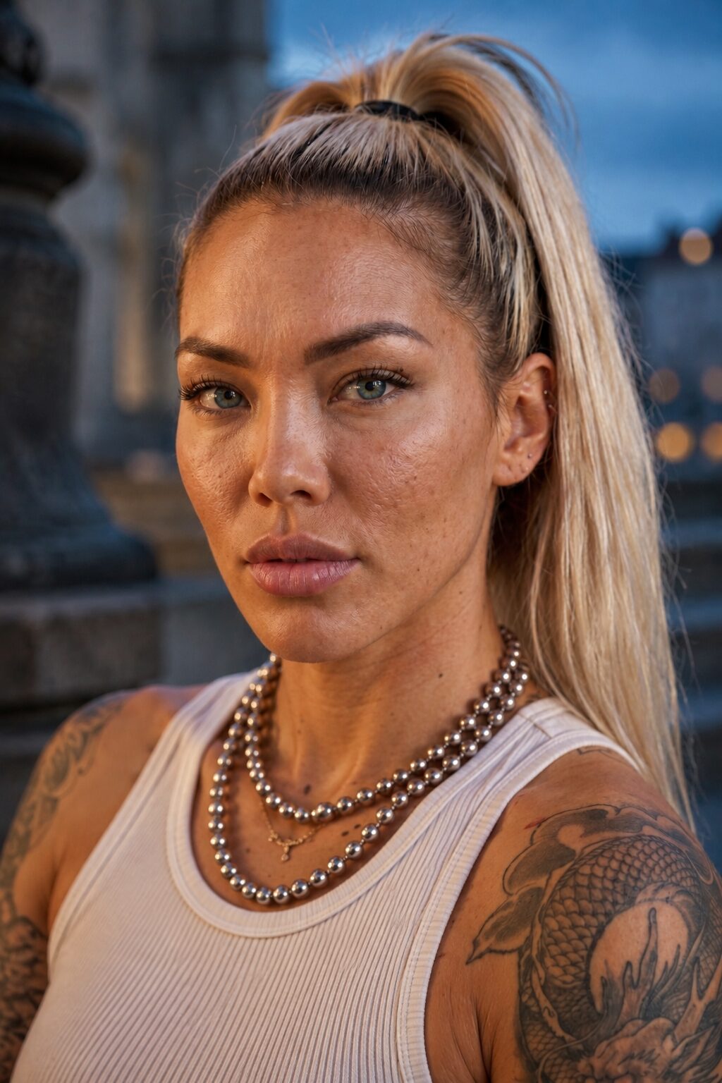 Platinum hair by choice, antique ball-chains with real weight, a dragon worked down one arm. She reads a room long before she speaks into it — and when she finally does, the room goes quiet.