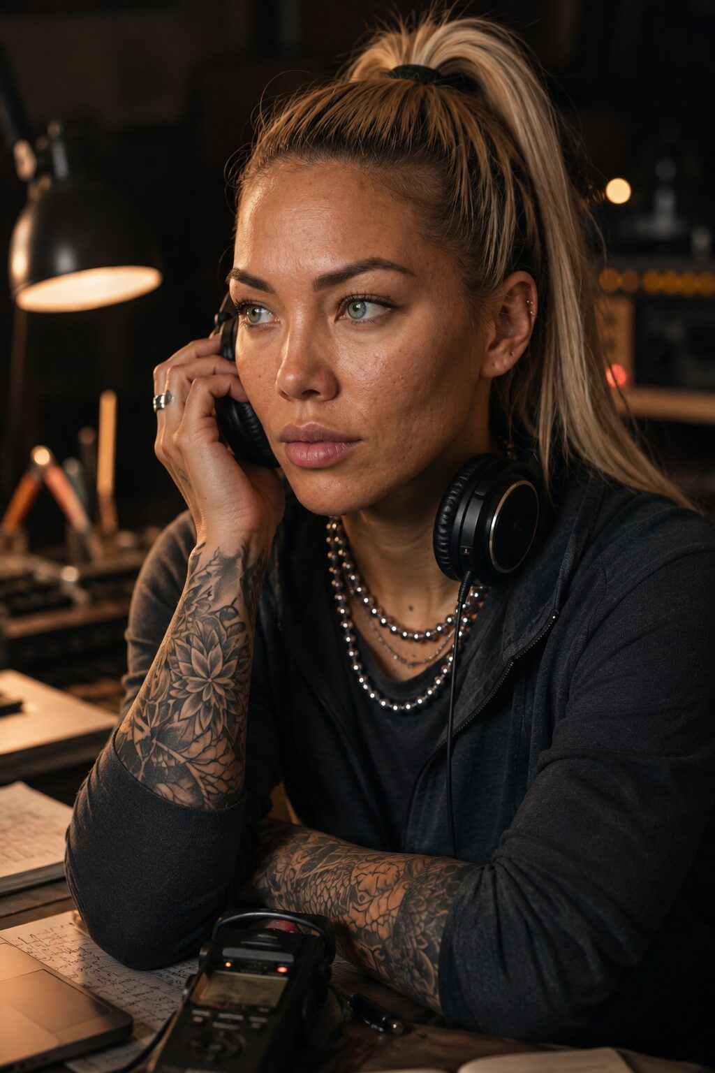 At night, headphones on, the day’s recordings glowing on the desk, she composes in the dark and shows no one. It is, she admits, the most honest thing she makes — and the one thing that frightens her to share.
