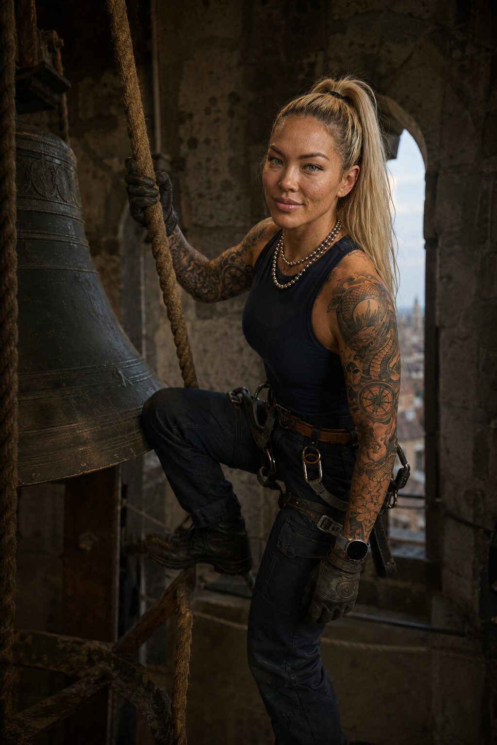 No crane fits a medieval shaft. Bronze goes up the way it did in 1500 — rope, pulley, shoulders, trust. She inspects every rig herself now, every time. She has a reason.