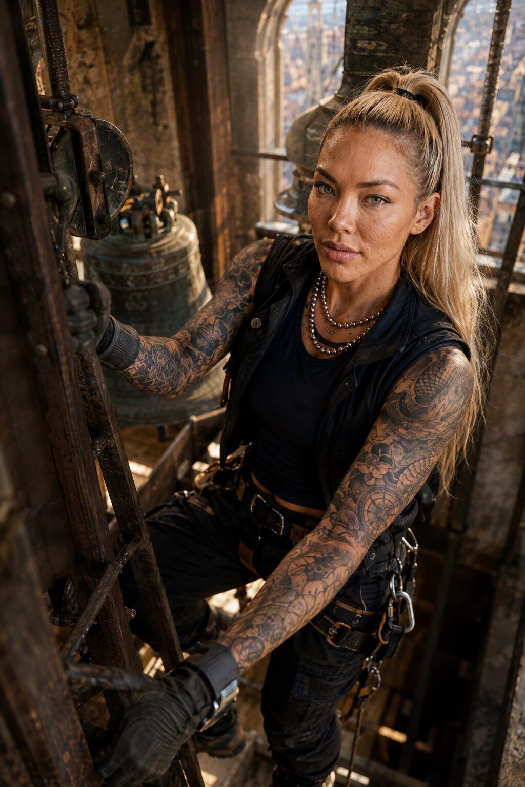 Deep in the chamber among the clappers and beams, where a wrong reading will ring for another hundred years. Exact, unhurried, entirely certain — this is the room that fits her.