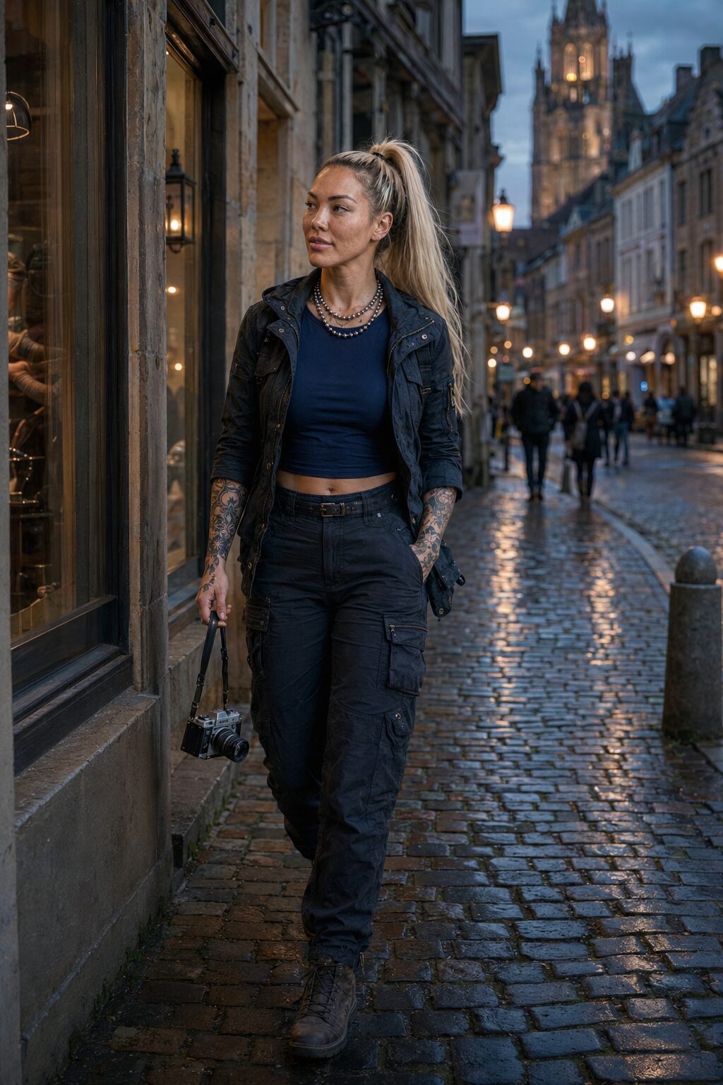 The streets she has walked her whole life, the spire she works on watching from the end of each one. Camera on her shoulder, no particular plan. Off the clock.