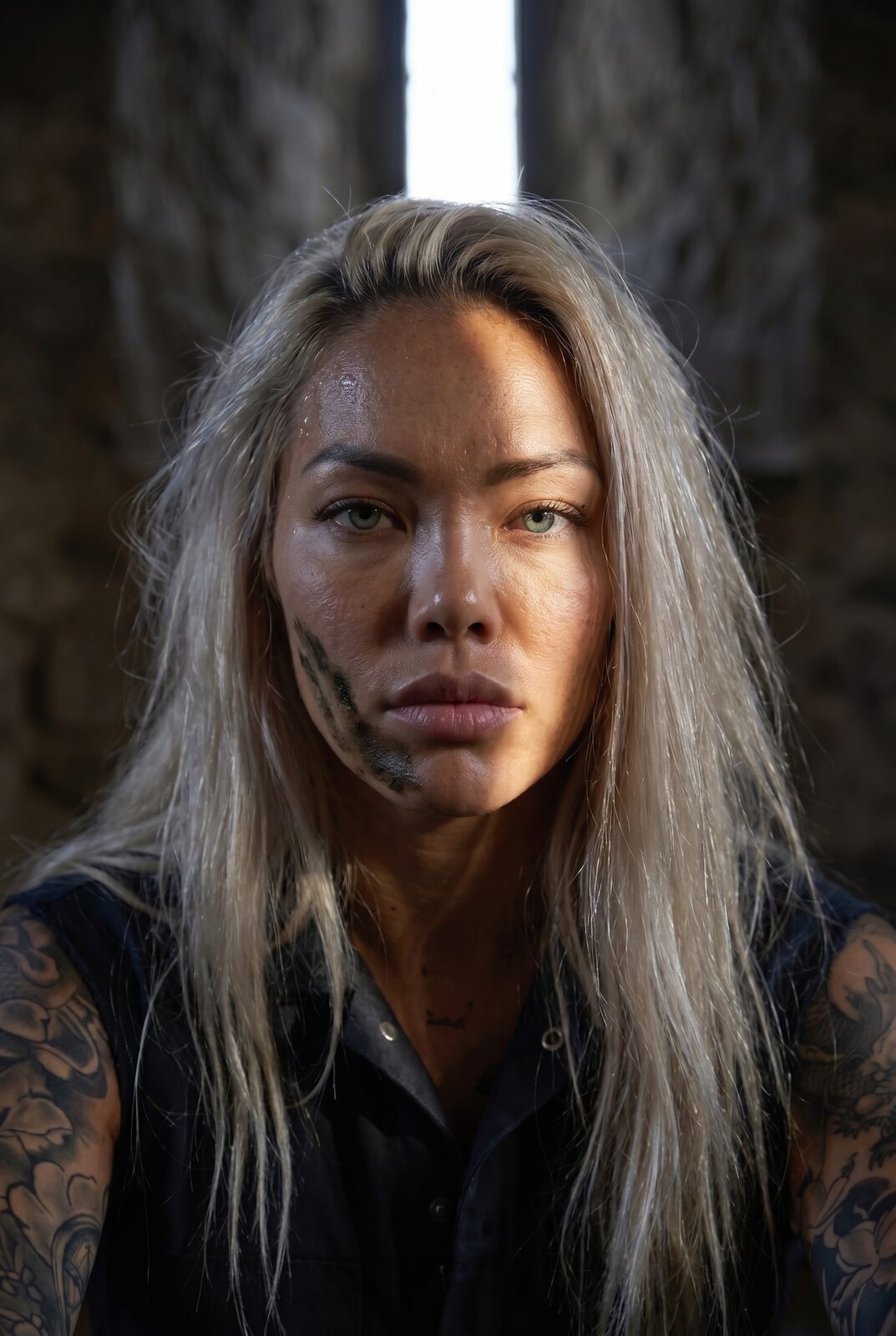 Hair down, bronze dust still on her cheek, the tower behind her for once. Half Cebú, half Flanders — and the compass inked on her forearm was her first tattoo, at seventeen, the night she first found her own way down in the dark.