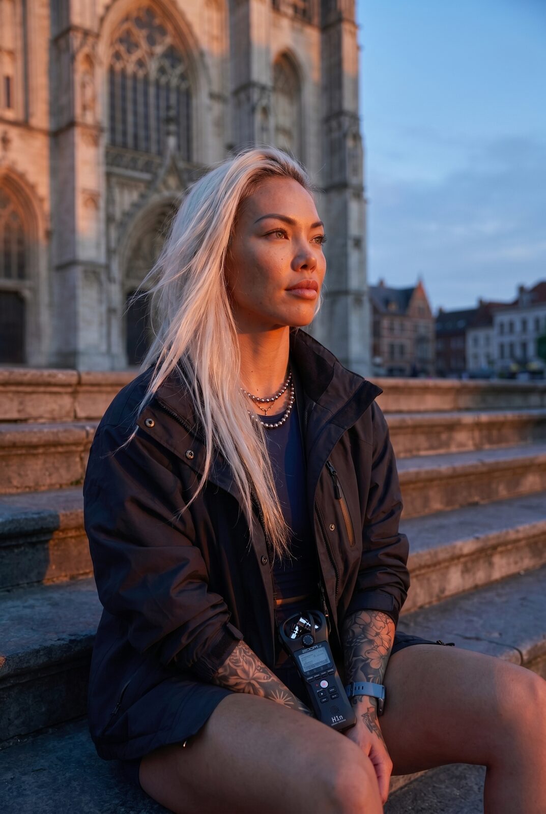 Cathedral steps at dusk. A girl once heard a fault in a bell ninety metres up, and an old restorer chose to teach her instead of dismissing her. Everything after began somewhere like here.