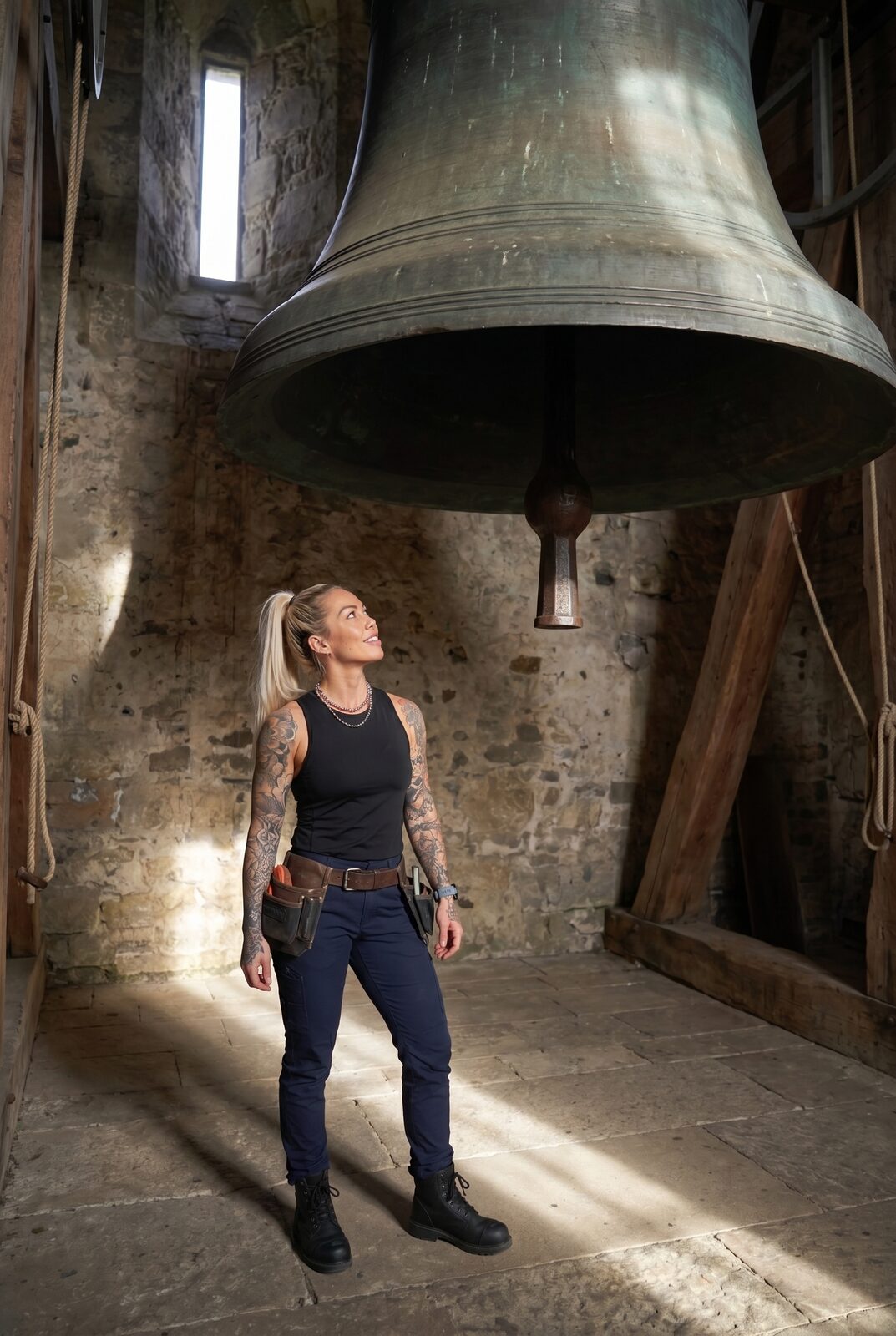 One woman, one shaft of light, one bell that has outlived everyone who cast, hung or cursed it — and will outlive her too. She isn’t here to be remembered. She’s here so the bell keeps ringing.