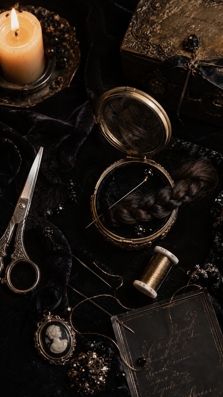 Fine scissors, gold hoops, a spool, a braid of hair caught mid-work — the memento mori bench, closer up. What reads as macabre from across a room is, at this distance, only patient craft: the same techniques a Victorian jeweller used, turning grief into something you can hold in your hand.