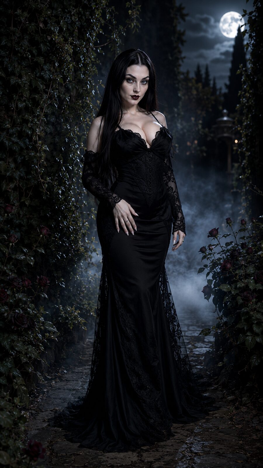 Night is when she moves — the garden, the abbey, the old paths, under a moon that never once asks her to explain herself. At fourteen the classmates said freak, witch, vampire. She didn’t care then and cares less now. The aesthetic was never the phase they kept promising it was. It was simply home.