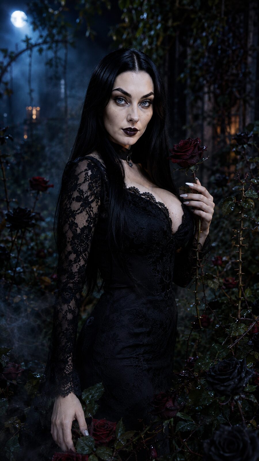 Elaborate black lace, genuine Victorian pieces where she can find them — she knows first mourning from second, half-mourning, the whole grammar of it. This is a life lived every hour, not a look put on for a lens: she sleeps in black silk and drinks from black china, and has for years.