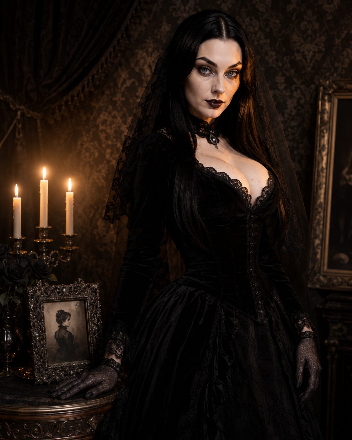 Corset, candlelight, a mourning portrait on the wall — colour physically bothers her now, too bright, too loud. This is not a set she strikes when the shoot ends. It is where she wakes and works and sleeps, every antique chosen because it tells the truth she believes about time.