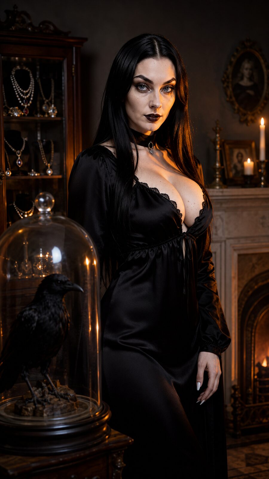 The Victorian flat she moved to at twenty-five, hearth lit, a crow under a glass dome on the mantel. The taxidermy is ethical — antique pieces rescued, never killed for a shelf: a Victorian crow, framed butterflies, a fox. None of it is macabre to her. It is only honest company.