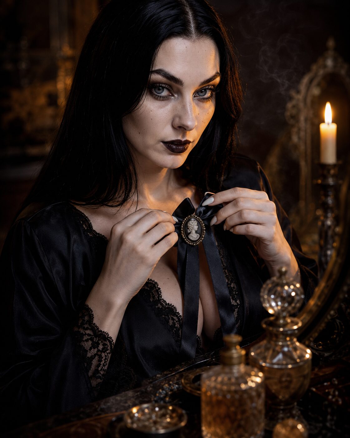 A cameo on a ribbon at the throat, fastened in front of antique glass. Remember you will die — she wears the reminder on purpose, daily. Most people find that grim; she finds it clarifying. Knowing the ending is already fixed is, she insists, the most liberating thing a person can accept.