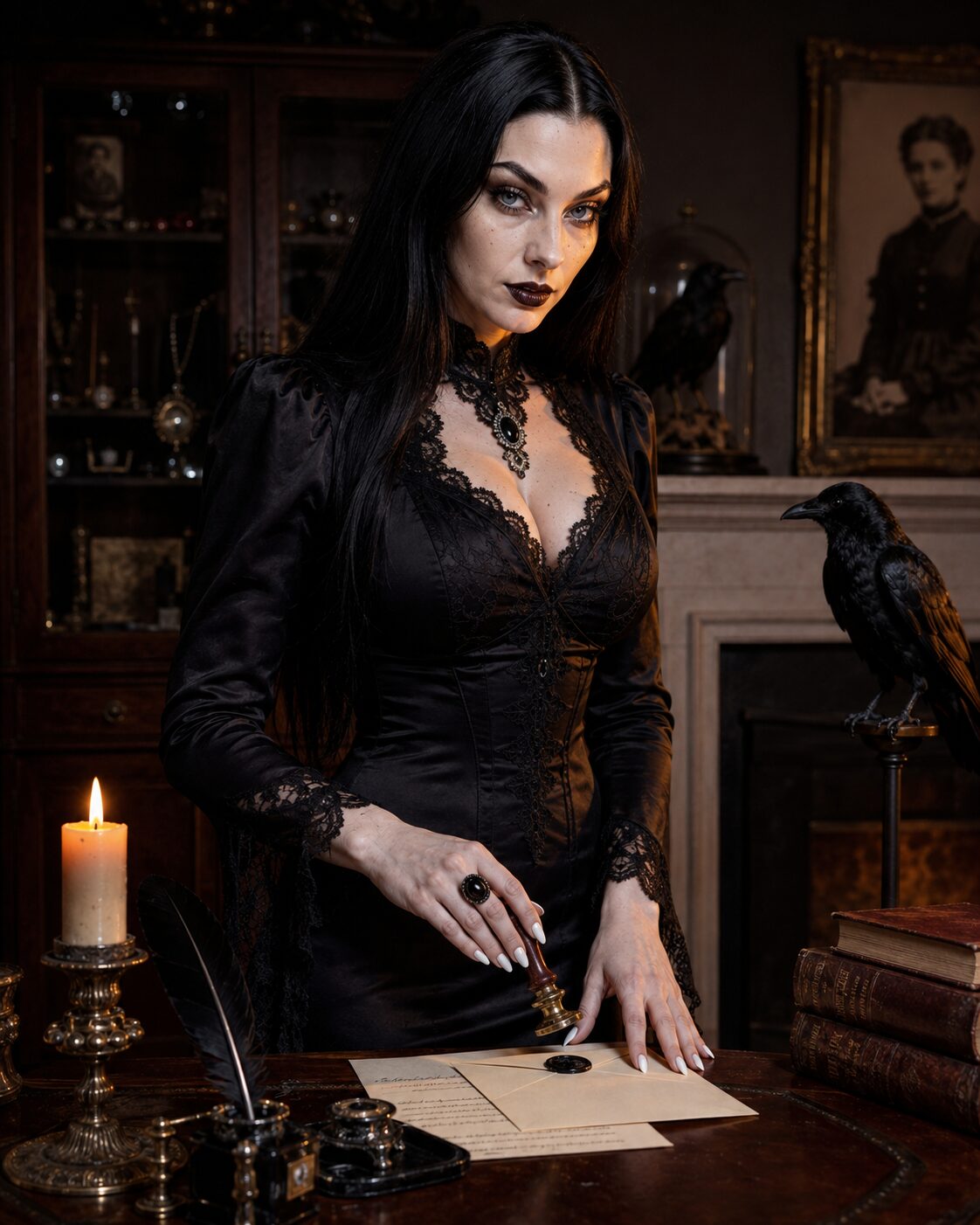 Ink, wax, a raven that came with the flat’s mythology if not its lease. Under Morticia is Lilith Ravenscroft — the name she chose at twenty-one, Lilith for the first rebellious woman, Ravenscroft for the gothic of it. She writes in complete Victorian sentences because that is simply how she thinks now, not a mannerism she could drop.