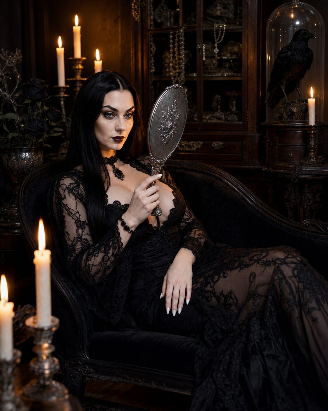 Reclined with an antique hand-mirror, unhurried, wholly at ease in the world she built. At twenty-six a photographer loved shooting his “goth girlfriend” more than knowing her — but you’re my dark muse, he said, when she asked him to stop. She ended it. She is nobody’s muse now. She is the one composing the picture.