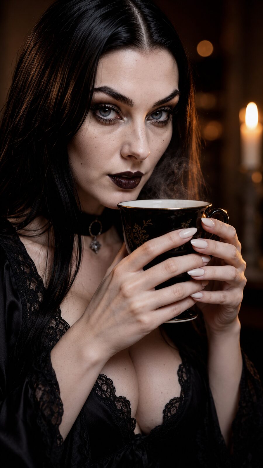 No corridor, no candelabra — only the black teacup, the pale hands, the stare that doesn’t look away first. Warm beneath the cold exterior, wickedly funny once a room relaxes, and done apologising for any of it at thirty-one. “Memento mori,” she says. “Remember you will die. Not morbid. Liberating.”