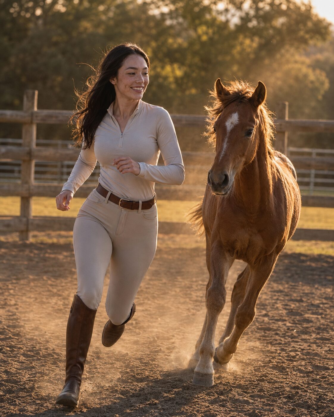 She doesn’t break horses; she runs alongside them until the fear runs out. Everything starts from one rule — with the horse, never over it.