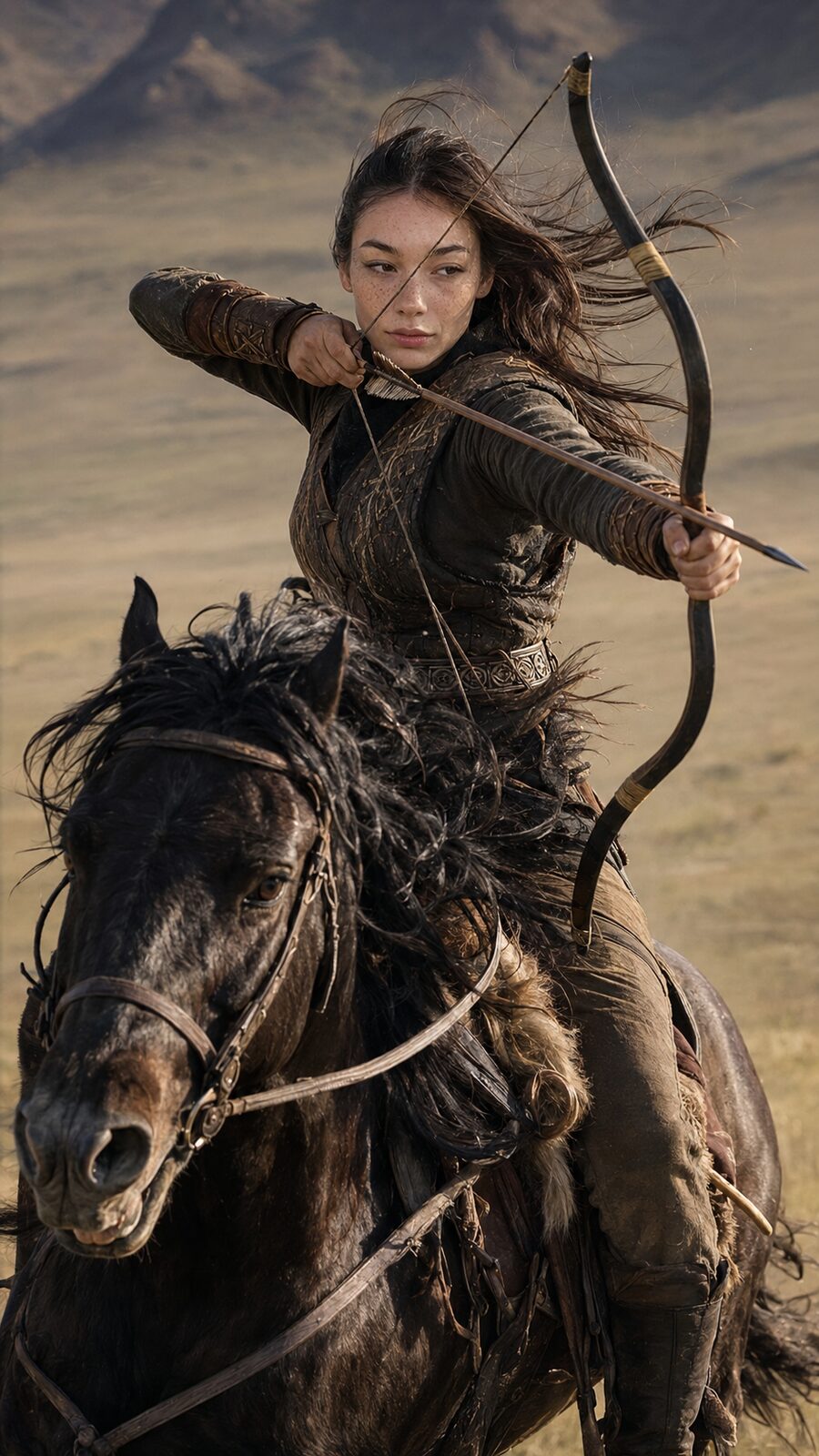 Horseback archery at a flat gallop, reins dropped, both hands on the bow — her grandmother’s discipline. She is the last of the line who still rides it.